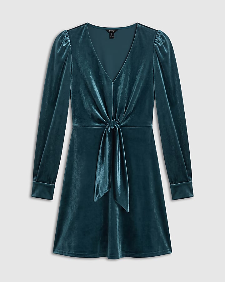 Blue Tie Front Velvet Mini Dress