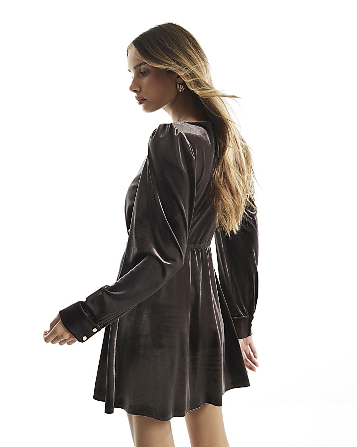 Brown Tie Front Velvet Mini Dress