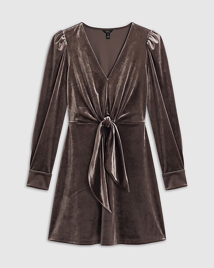 Brown Tie Front Velvet Mini Dress