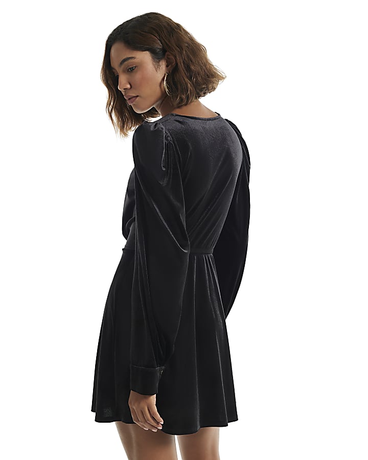 Black Tie Front Velvet Mini Dress