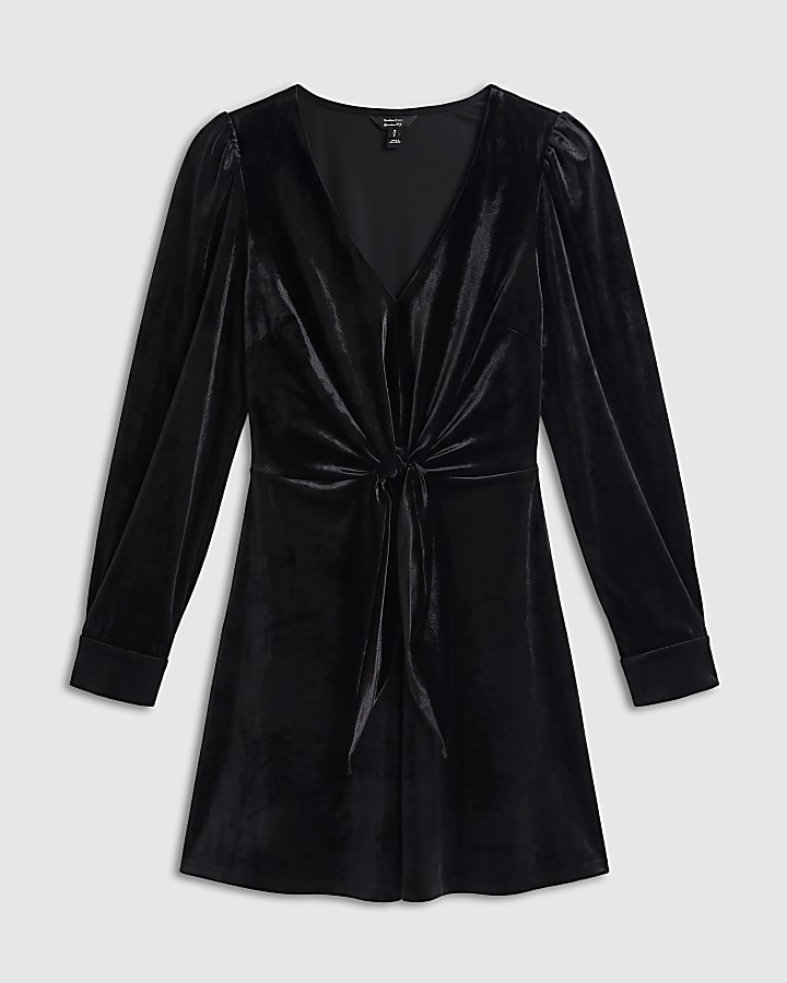 Black Tie Front Velvet Mini Dress