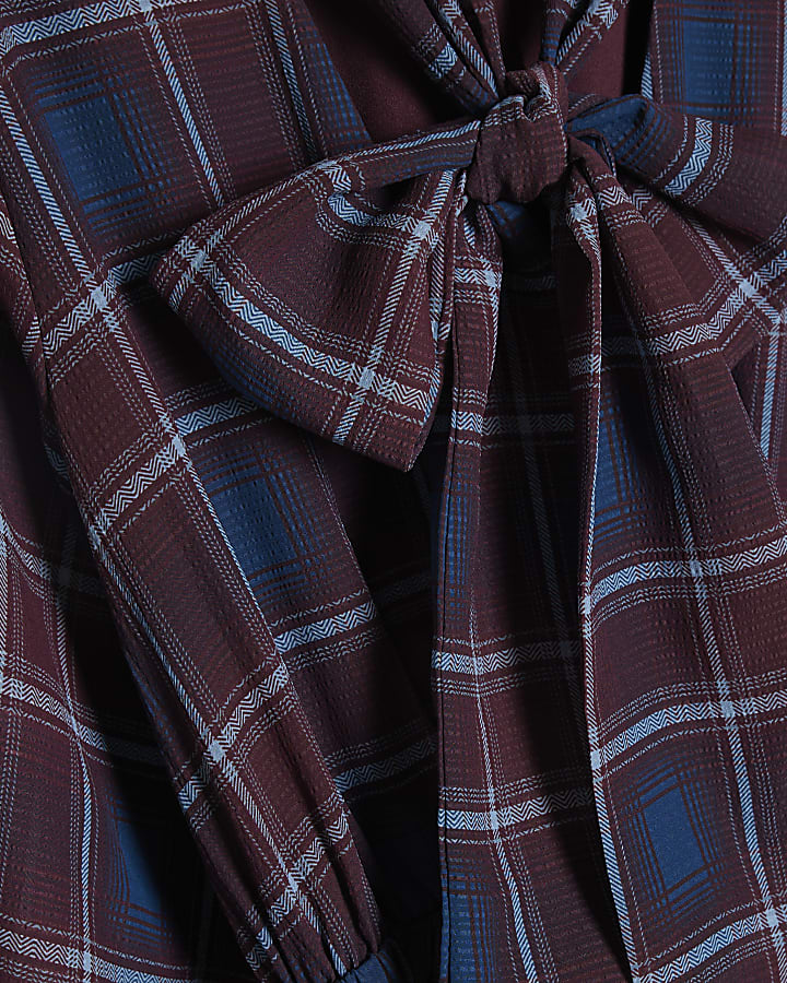 Burgundy Checked Pussybow Belted Mini Dress