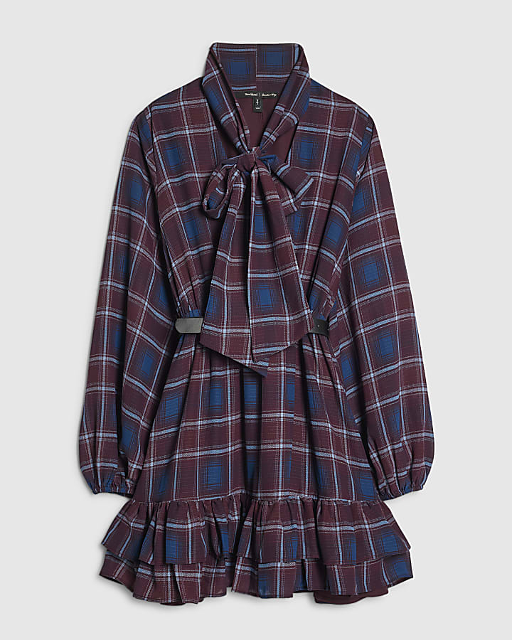 Burgundy Checked Pussybow Belted Mini Dress