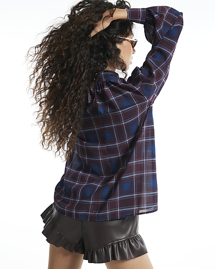 Burgundy Textured Check Pussybow Blouse