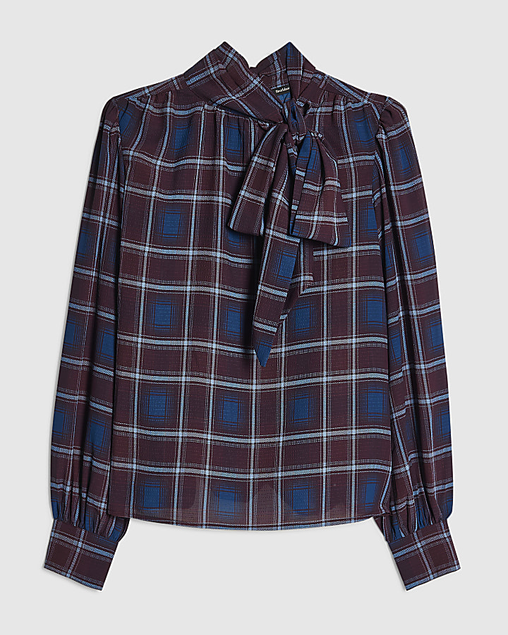 Burgundy Textured Check Pussybow Blouse