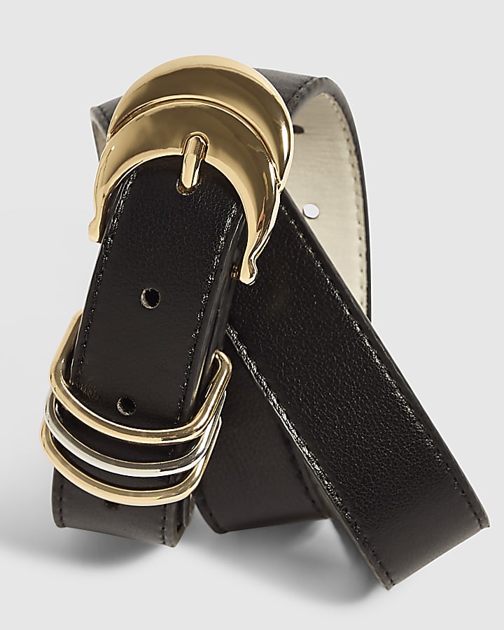 Black Faux Leather Mixed Metal Keeper Belt