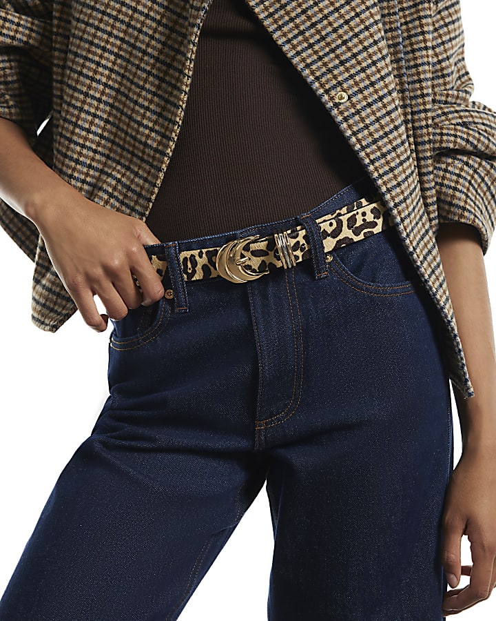 Beige Animal Print Faux Hair On Leather Belt