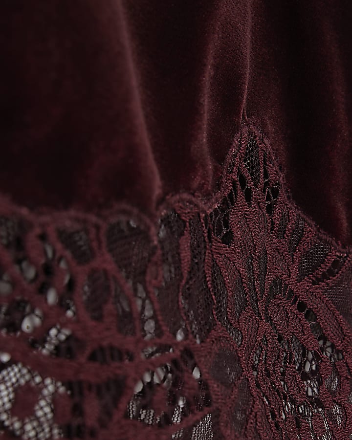 Burgundy Velvet Lace Trim Mini Dress