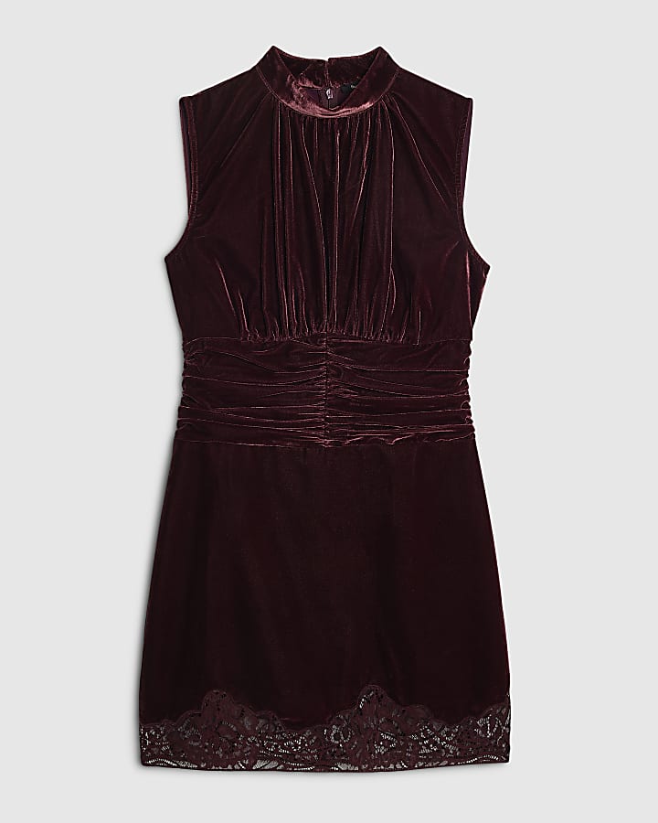 Burgundy Velvet Lace Trim Mini Dress