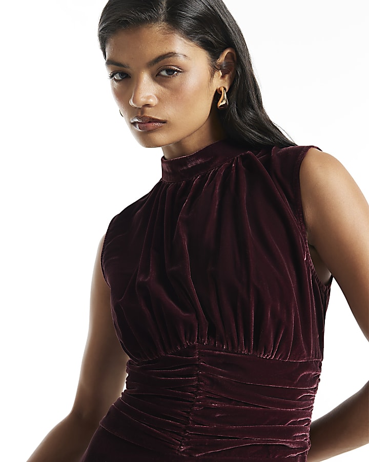 Burgundy Velvet Lace Trim Mini Dress