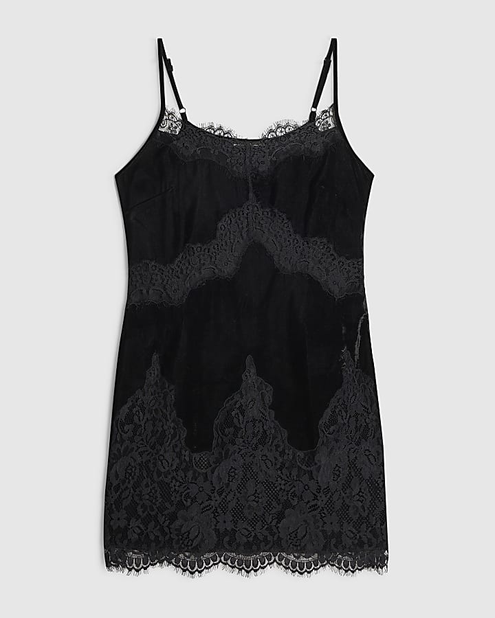 Black Velvet Lace Trim Mini Slip Dress