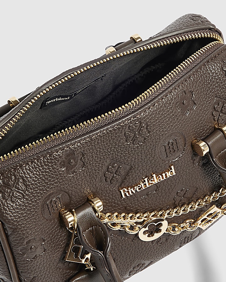 Brown Embossed Metal Corner Bowler Bag