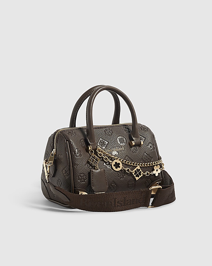 Brown Embossed Metal Corner Bowler Bag