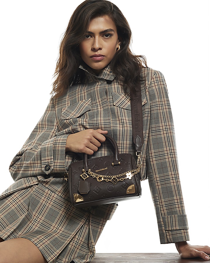 Brown Embossed Metal Corner Bowler Bag
