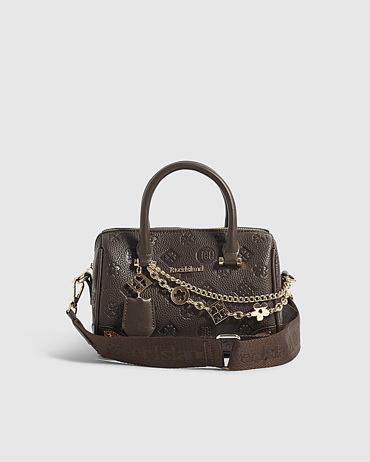 Brown Embossed Metal Corner Bowler Bag