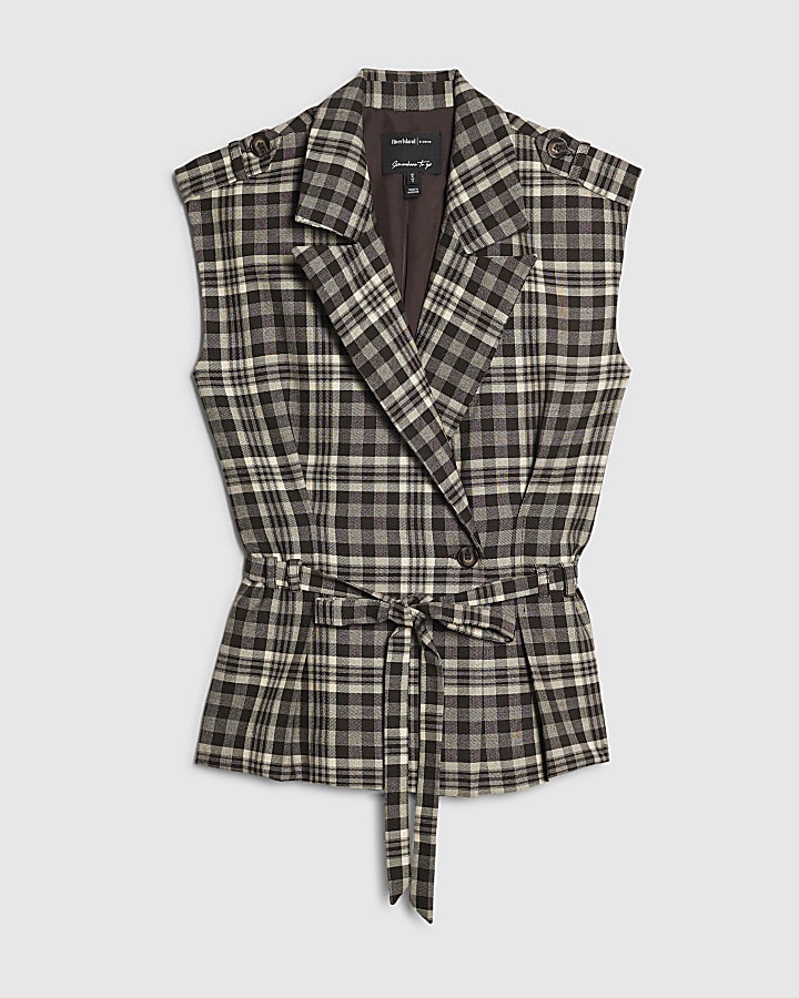Brown Check Tie Detail Sleeveless Shirt