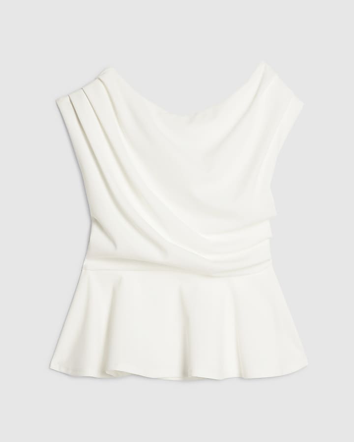 Cream Short Sleeve Drape Peplum Top