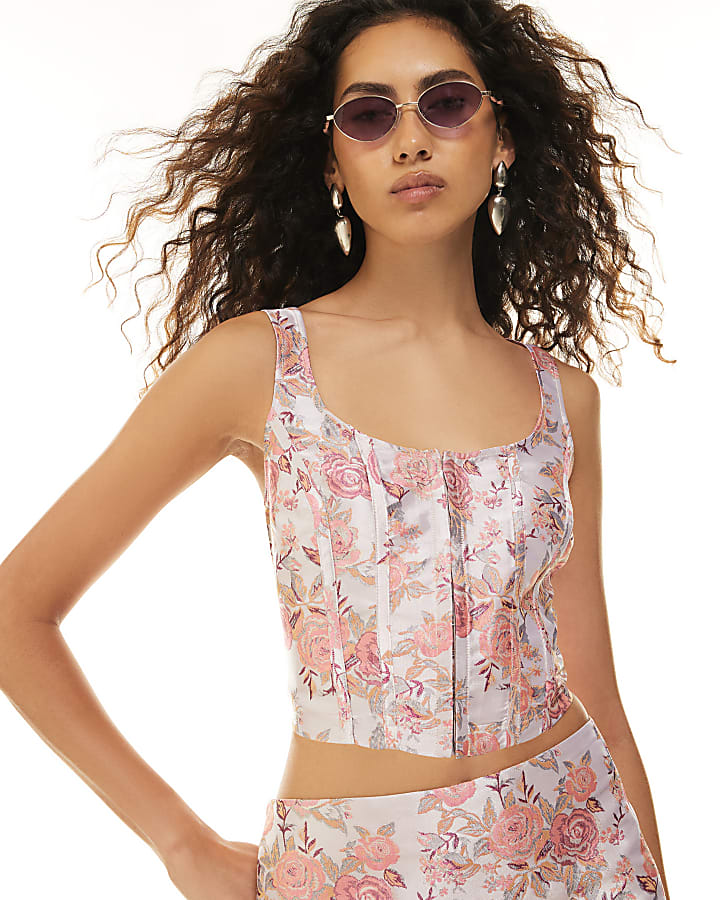 Pink Floral Jacquard Corset Top