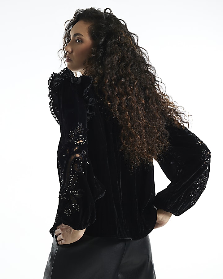 Black Velvet Cutwork Lace Blouse