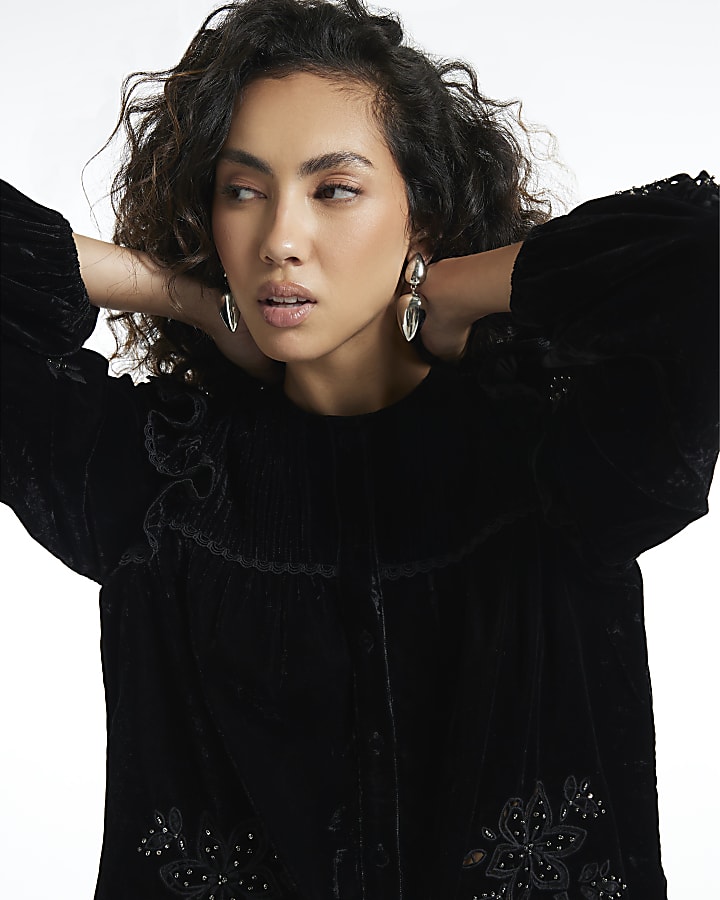 Black Velvet Cutwork Lace Blouse