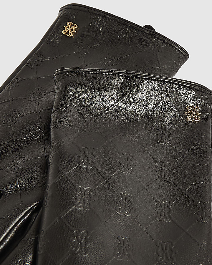 Black Monogram Faux Leather Gloves