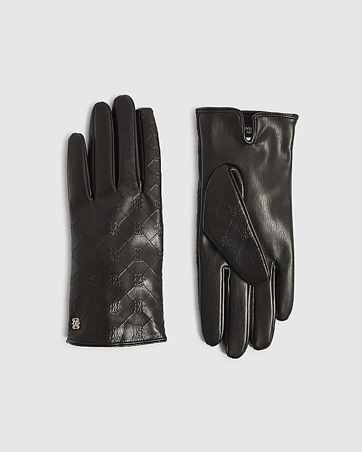 Black Monogram Faux Leather Gloves