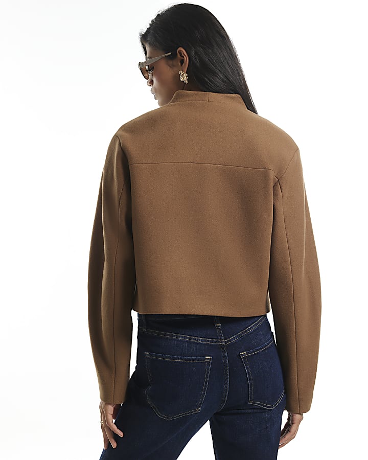 Brown Collarless Button Up Jacket