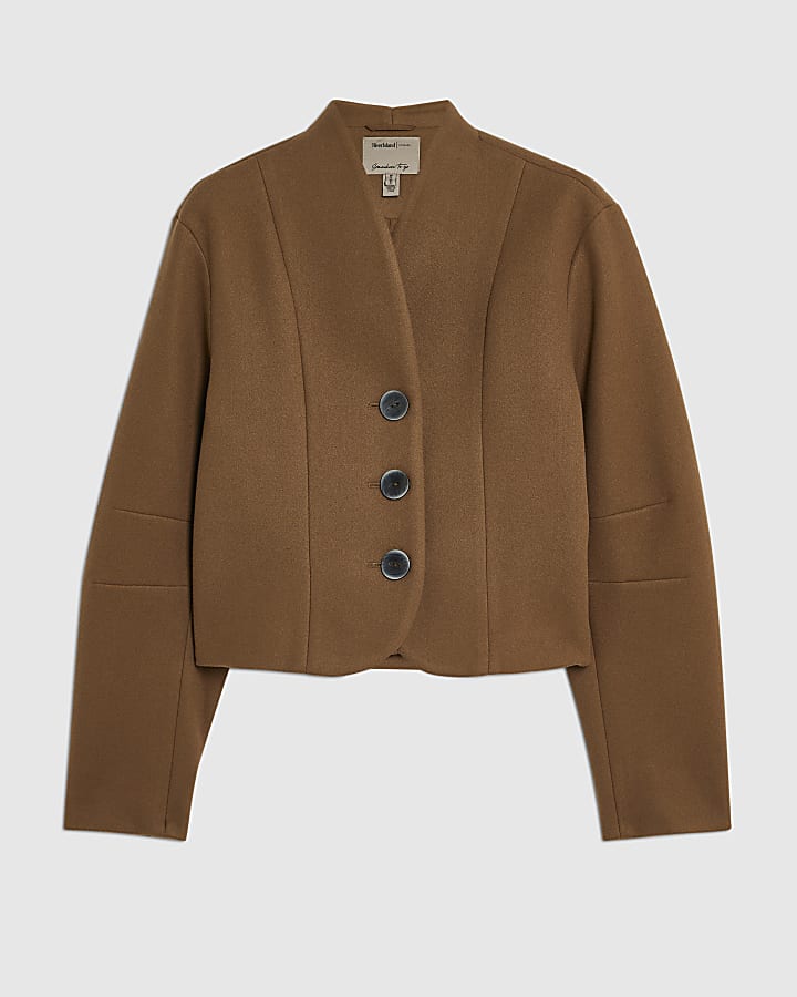 Brown Collarless Button Up Jacket