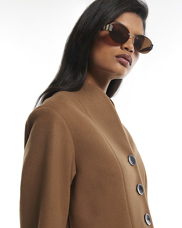 Brown Collarless Button Up Jacket