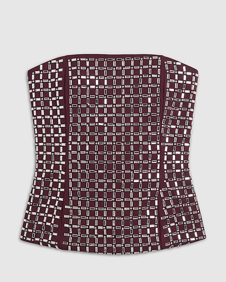 Burgundy Embellished Bandeau Corset Top