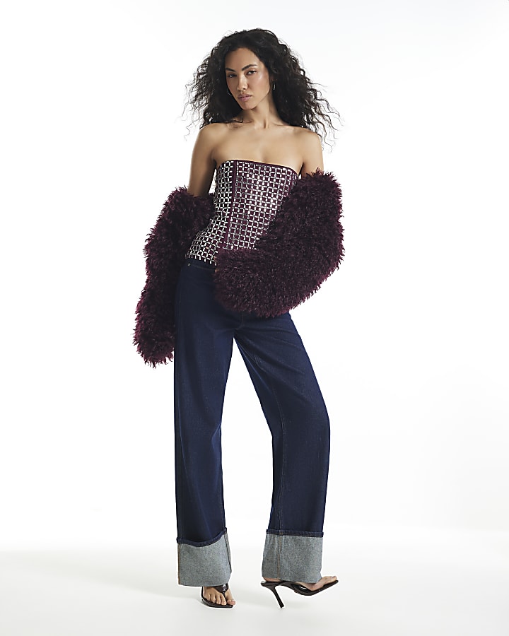 Burgundy Embellished Bandeau Corset Top