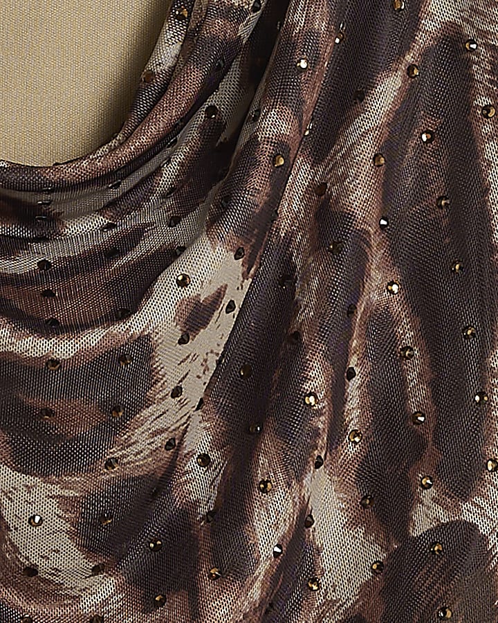 Beige Mesh Leopard Print Cowl Neck Mini Dress