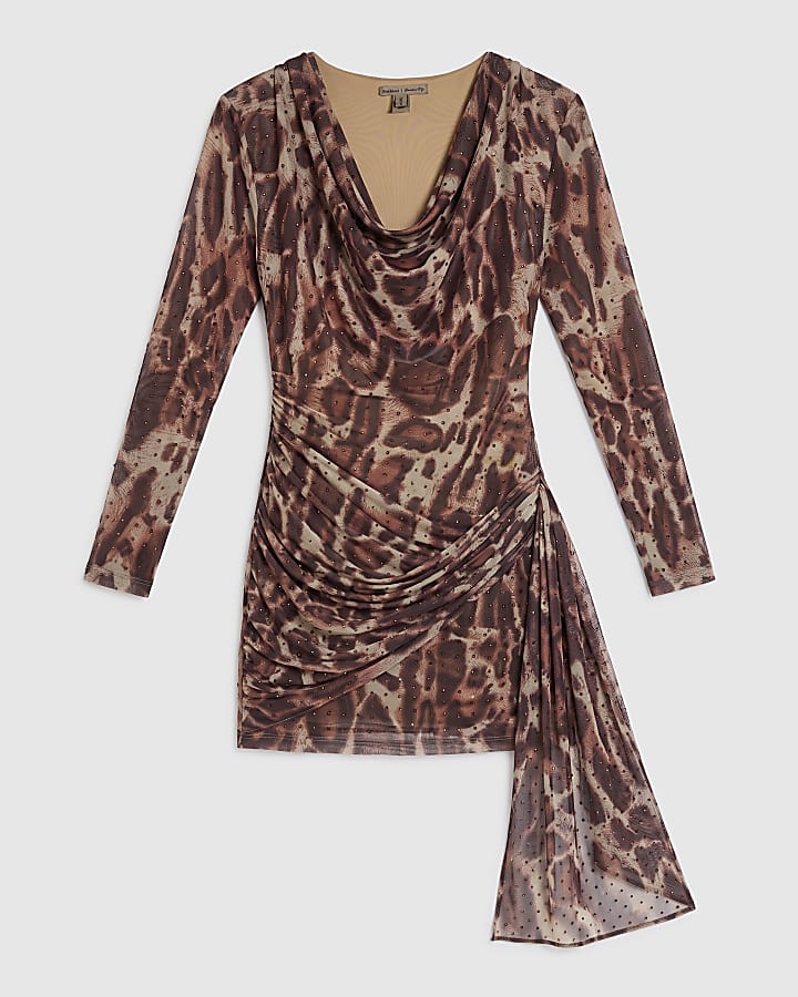 Beige Mesh Leopard Print Cowl Neck Mini Dress