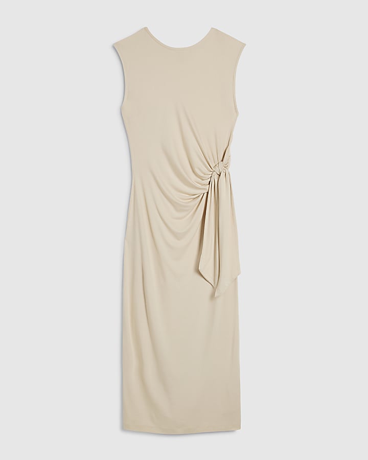 Cream Sleeveless Knot Front Drape Dress