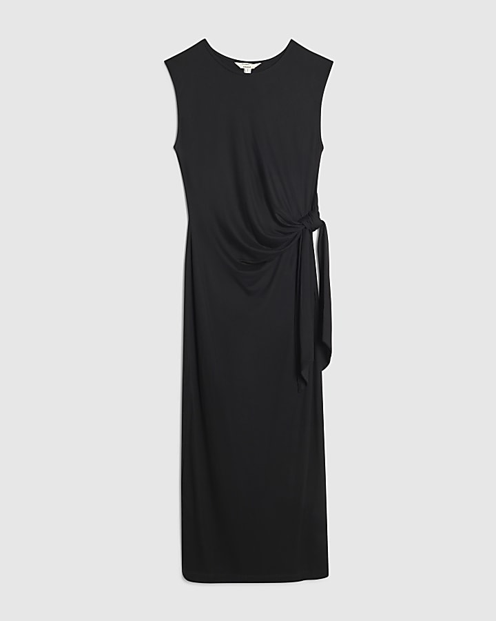 Black Sleeveless Knot Front Drape Dress