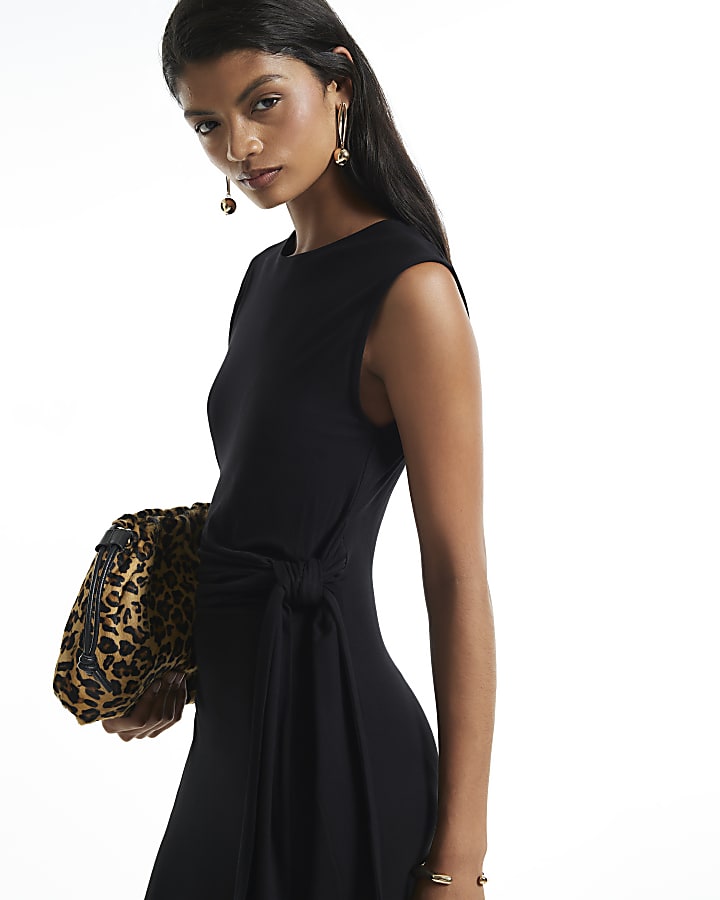 Black Sleeveless Knot Front Drape Dress