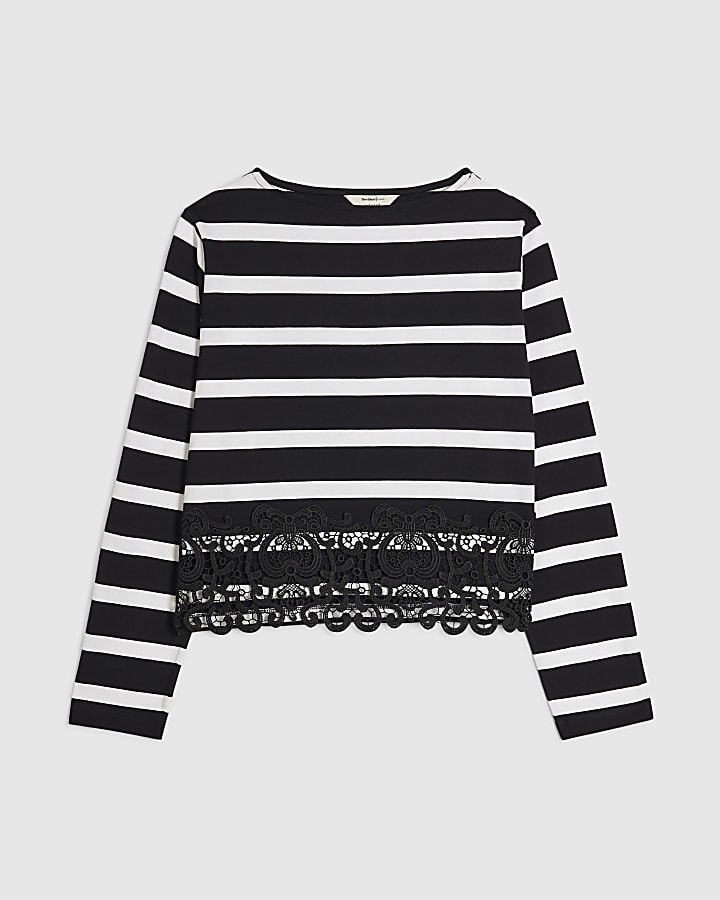 Black Lace Hem Stripe Top
