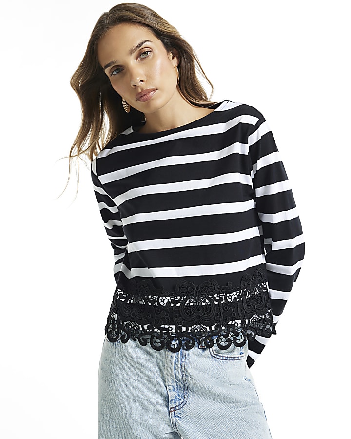 Black Lace Hem Stripe Top