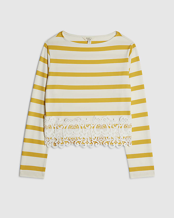 Yellow Cotton Lace Hem Stripe Long Sleeve Top