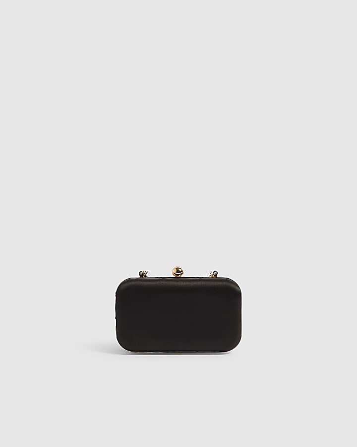 Black Satin Pearl Detail Clutch Bag