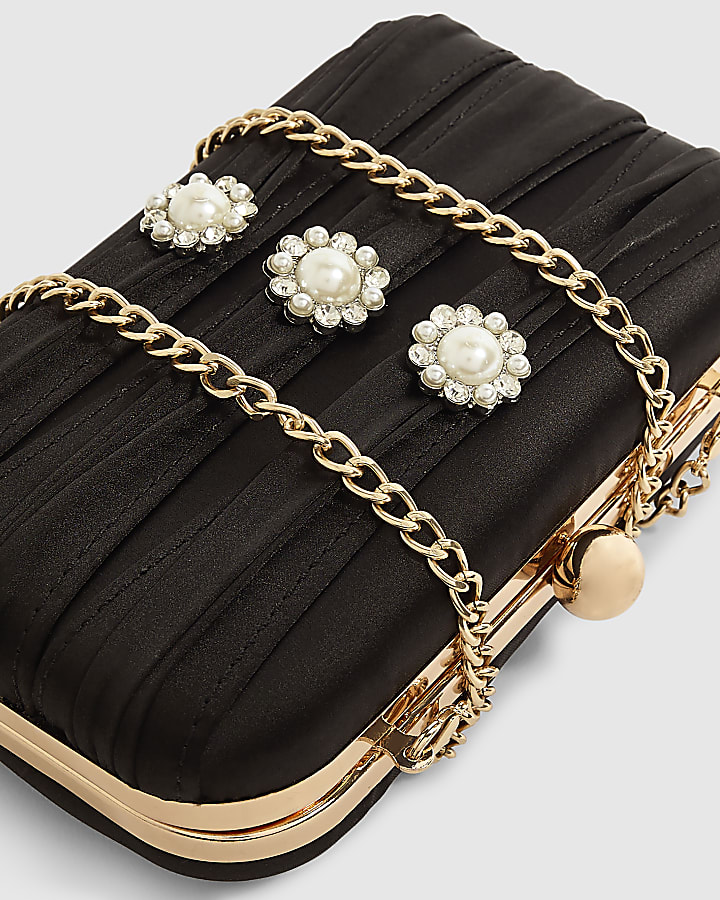 Black Satin Pearl Detail Clutch Bag