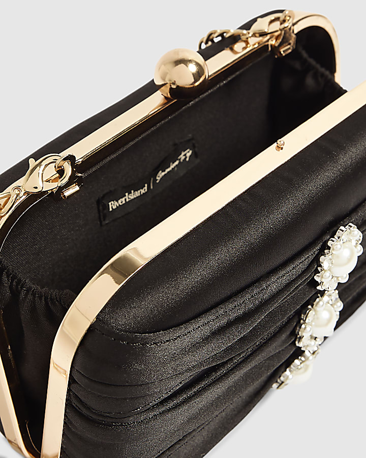 Black Satin Pearl Detail Clutch Bag