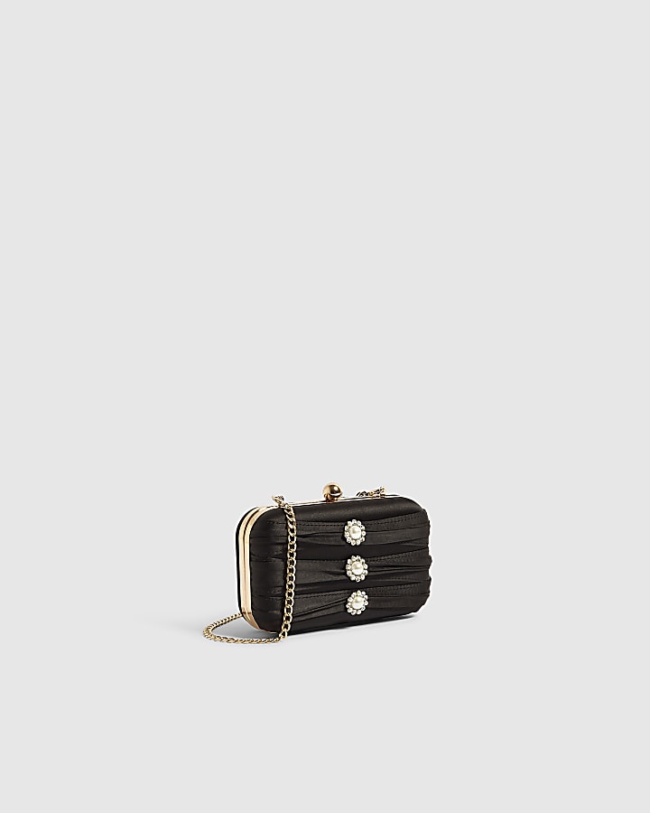 Black Satin Pearl Detail Clutch Bag
