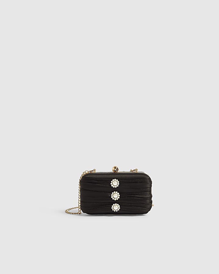 Black Satin Pearl Detail Clutch Bag