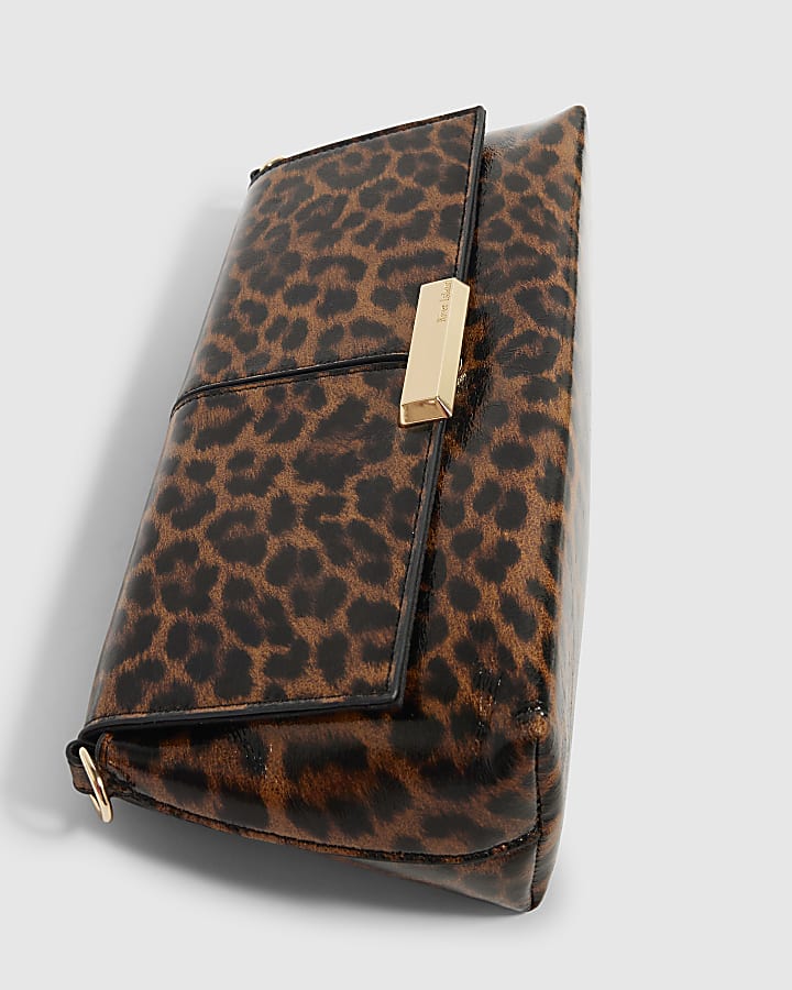 Brown Leopard Bar Flap Over Clutch Bag