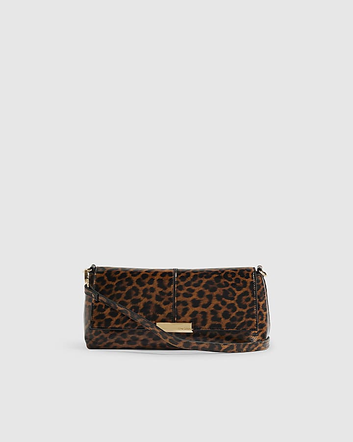 Brown Leopard Bar Flap Over Clutch Bag
