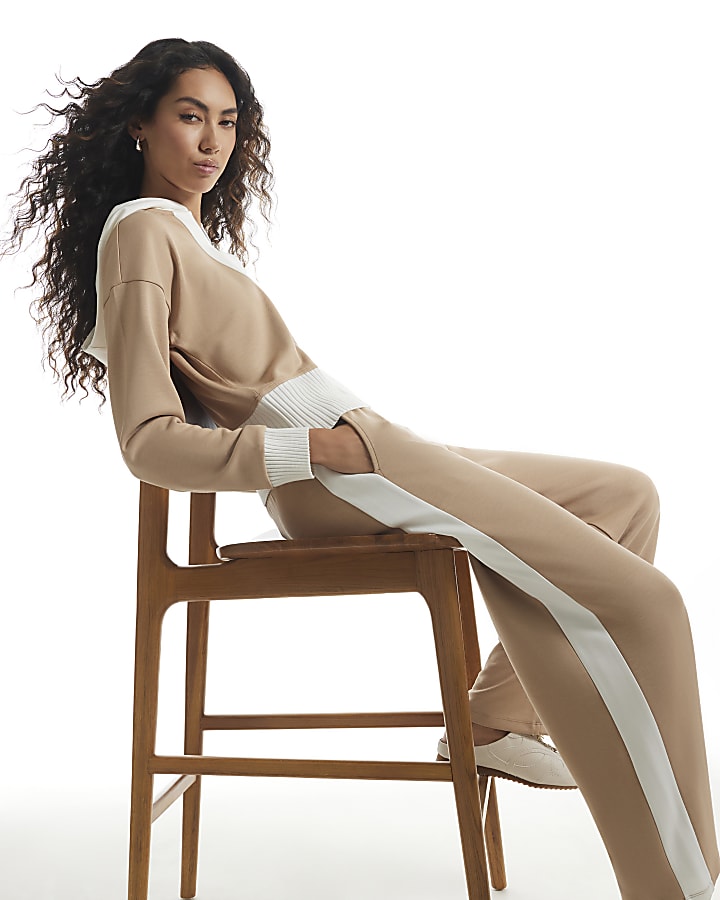 Beige Premium  Colour Block Wide Leg Trousers