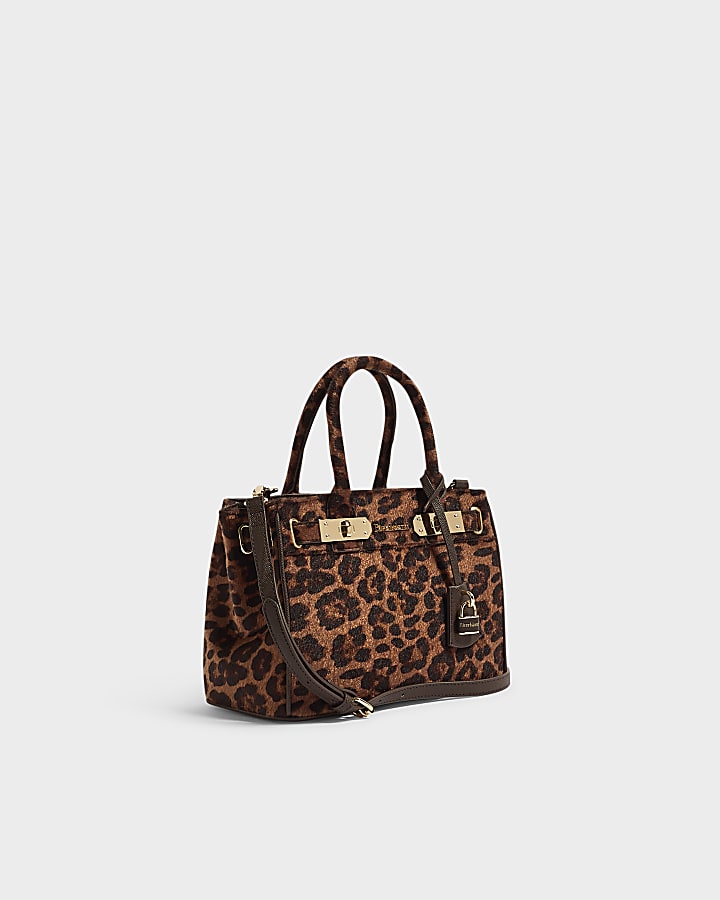 Brown Leopard Print Lock Front Tote Bag