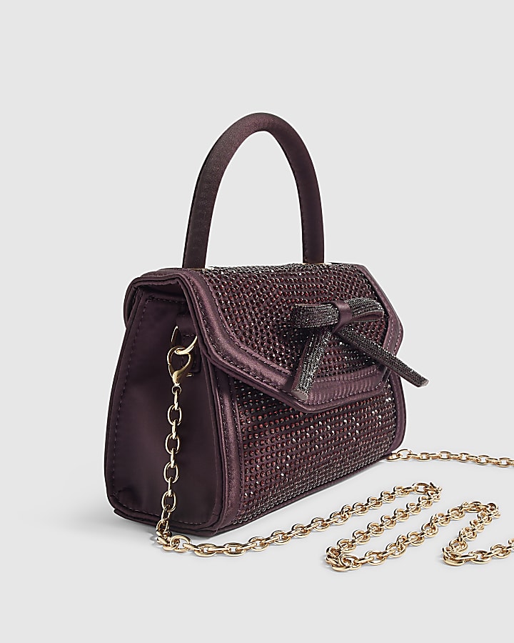 Burgundy Diamante Bow Clutch Bag