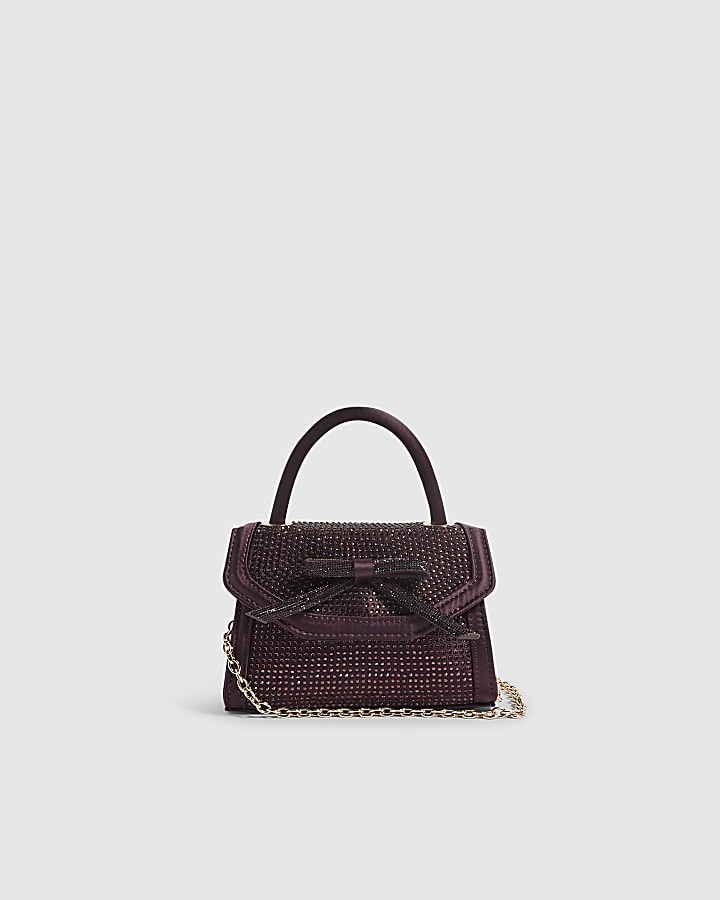 Burgundy Diamante Bow Clutch Bag
